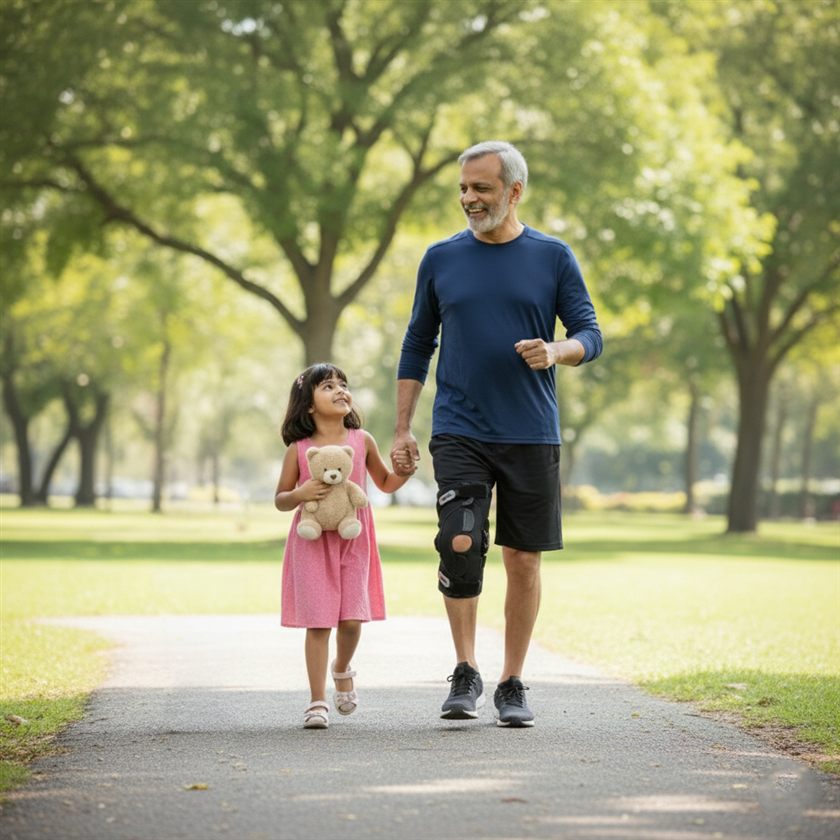 Man wearing a knee brace walking comfortably in a park with his daughter